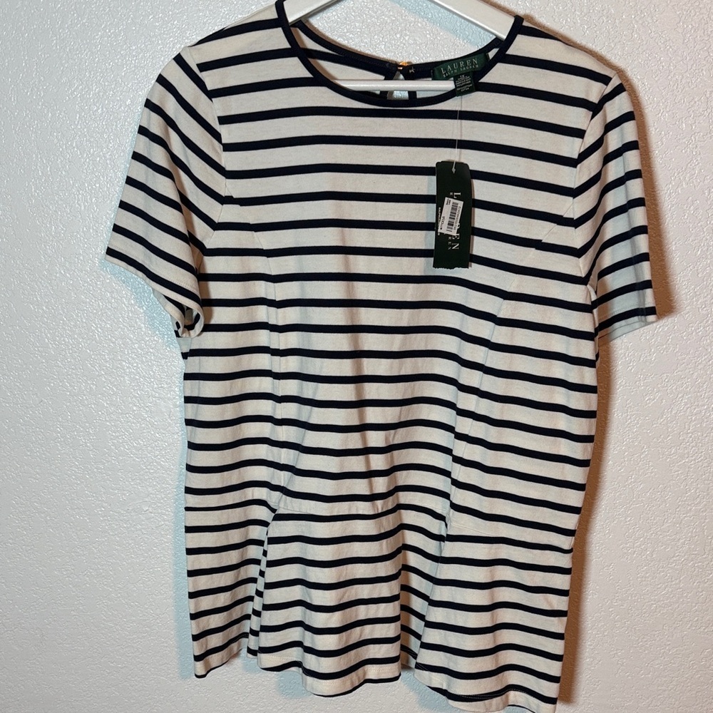 Lauren Ralph Lauren Navy Peplum Nautical Top Keyhole Back Size 1X NWT